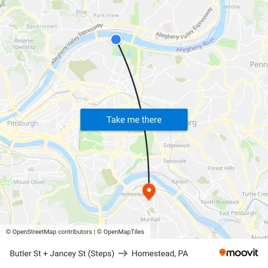 Butler St + Jancey St (Steps) to Homestead, PA map
