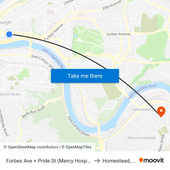 Forbes Ave + Pride St (Mercy Hospital) to Homestead, PA map