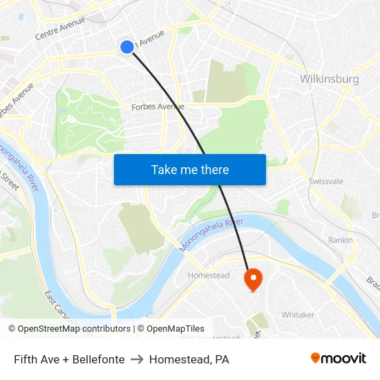 Fifth Ave + Bellefonte to Homestead, PA map