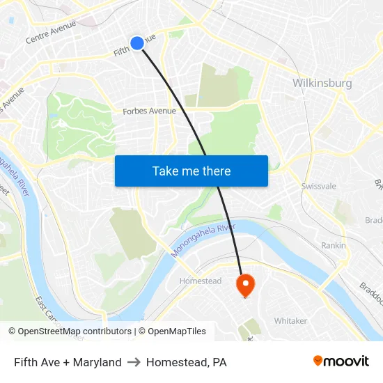 Fifth Ave + Maryland to Homestead, PA map