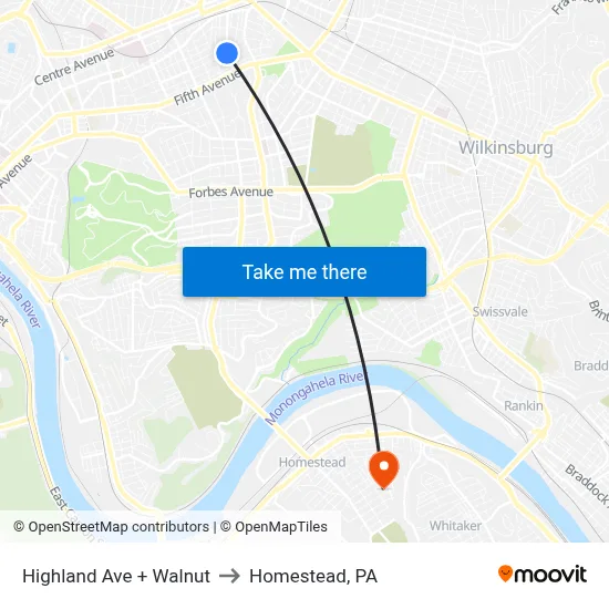 Highland Ave + Walnut to Homestead, PA map