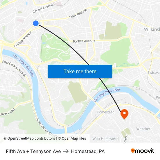 Fifth Ave + Tennyson Ave to Homestead, PA map