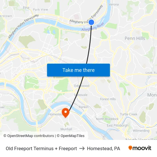 Old Freeport Terminus + Freeport to Homestead, PA map