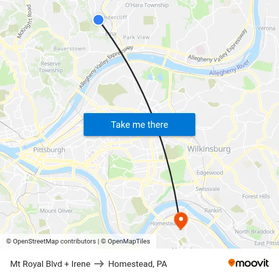 Mt Royal Blvd + Irene to Homestead, PA map