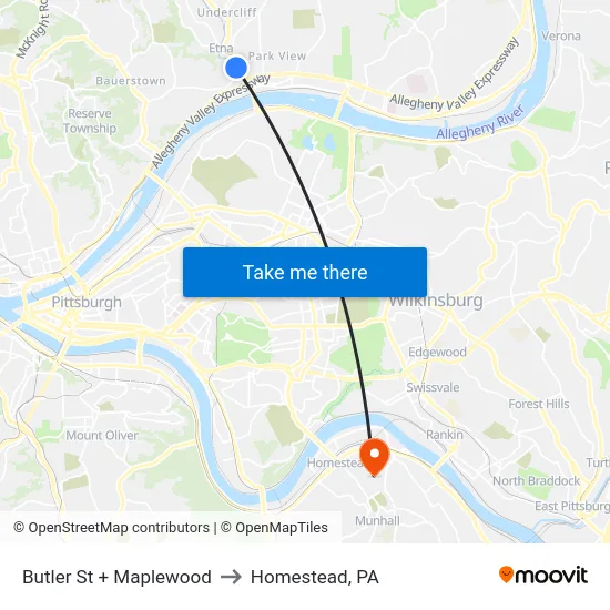 Butler St + Maplewood to Homestead, PA map