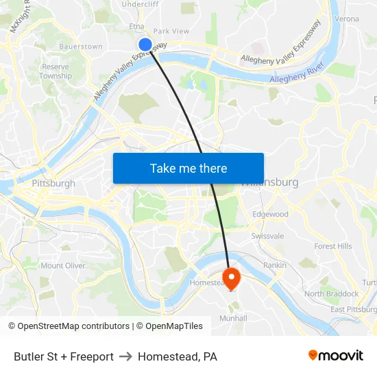 Butler St + Freeport to Homestead, PA map