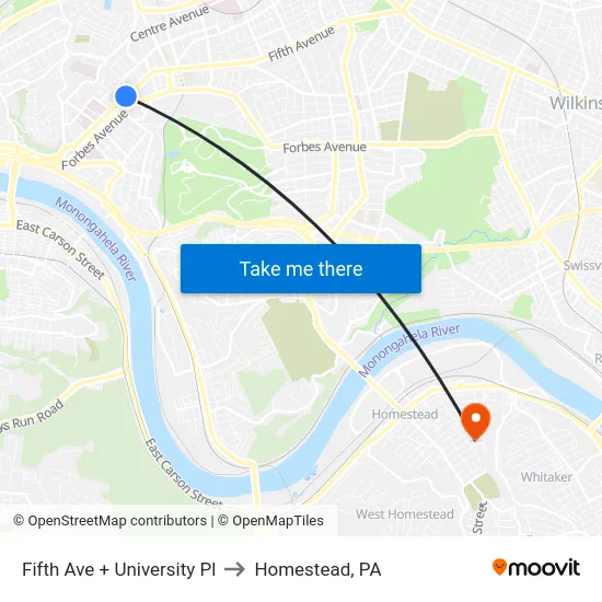 Fifth Ave + University Pl to Homestead, PA map