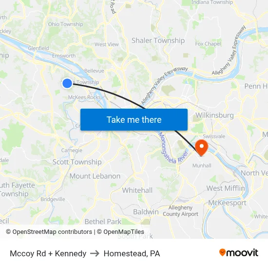 Mccoy Rd + Kennedy to Homestead, PA map