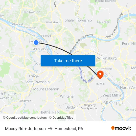 Mccoy Rd + Jefferson to Homestead, PA map