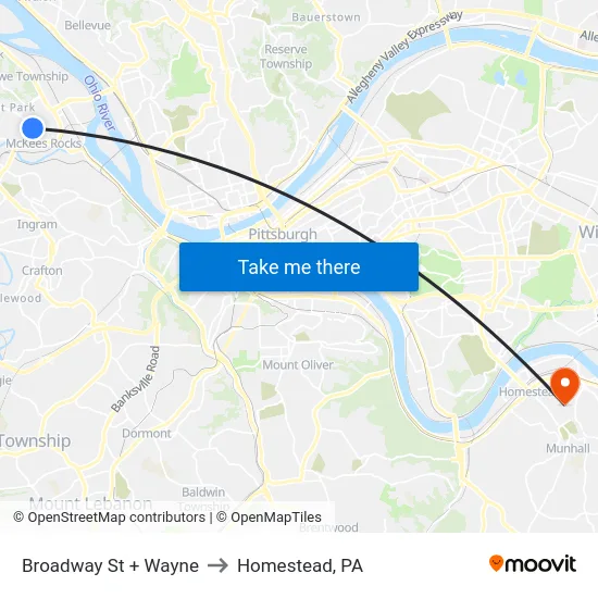 Broadway St + Wayne to Homestead, PA map