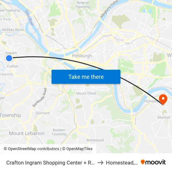 Crafton Ingram Shopping Center + Rite-Aid to Homestead, PA map
