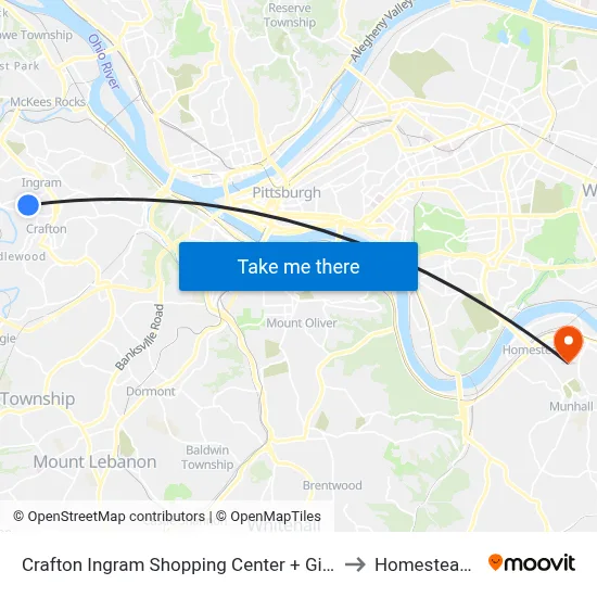 Crafton Ingram Shopping Center + Giant Eagle to Homestead, PA map