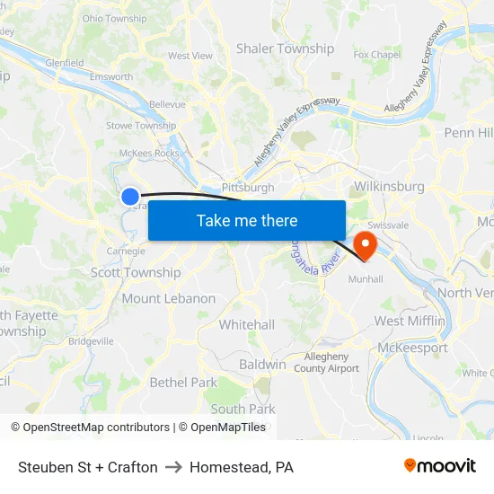 Steuben St + Crafton to Homestead, PA map