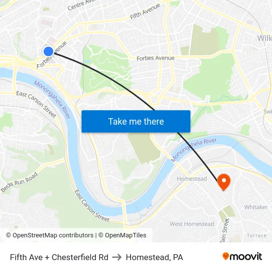 Fifth Ave + Chesterfield Rd to Homestead, PA map