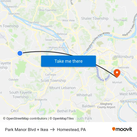 Park Manor Blvd + Ikea to Homestead, PA map
