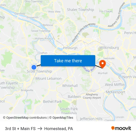 3rd St + Main FS to Homestead, PA map