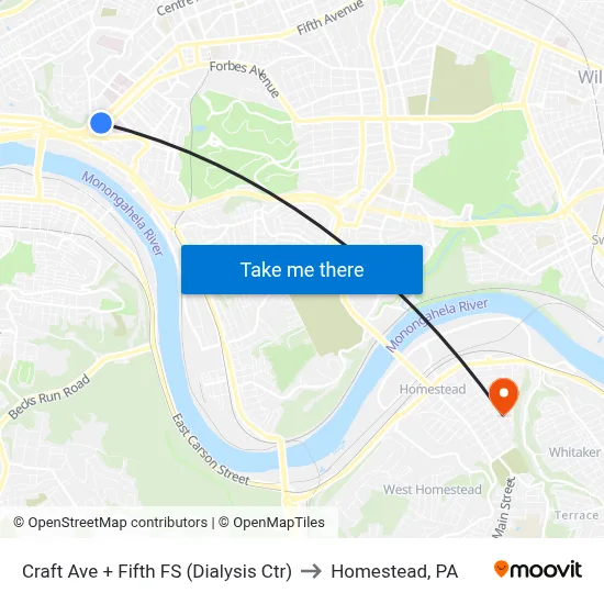 Craft Ave + Fifth FS (Dialysis Ctr) to Homestead, PA map