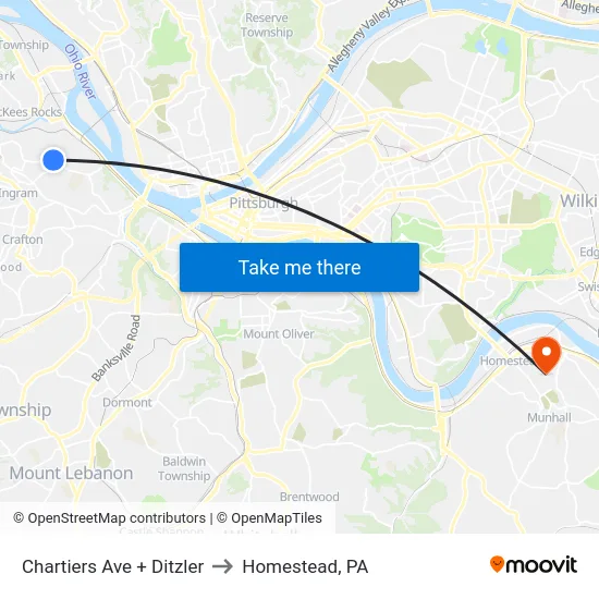 Chartiers Ave + Ditzler to Homestead, PA map