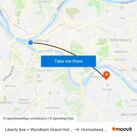 Liberty Ave + Wyndham Grand Hotel to Homestead, PA map
