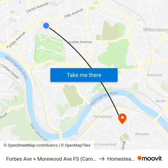 Forbes Ave + Morewood Ave FS (Carnegie Mellon) to Homestead, PA map