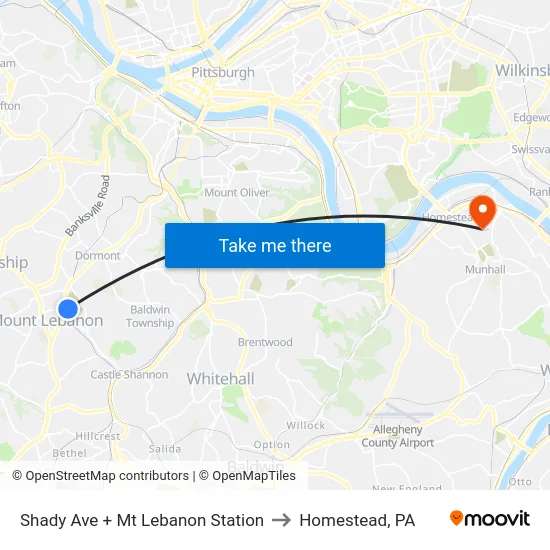 Shady Ave + Mt Lebanon Station to Homestead, PA map