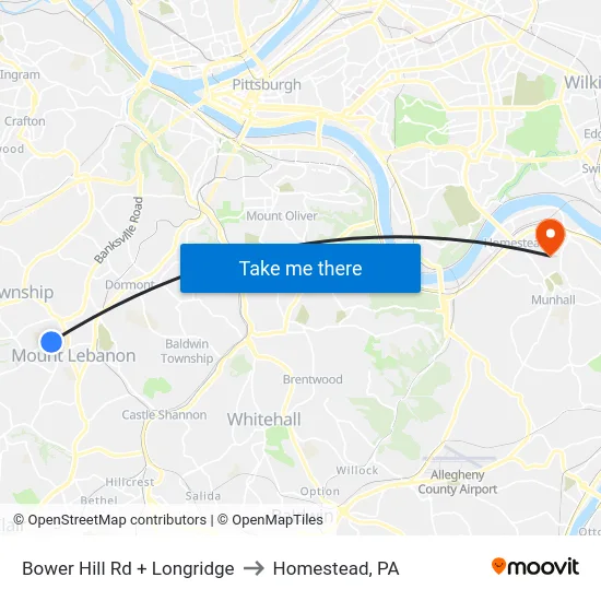 Bower Hill Rd + Longridge to Homestead, PA map