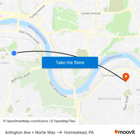 Arlington Ave + Norte Way to Homestead, PA map