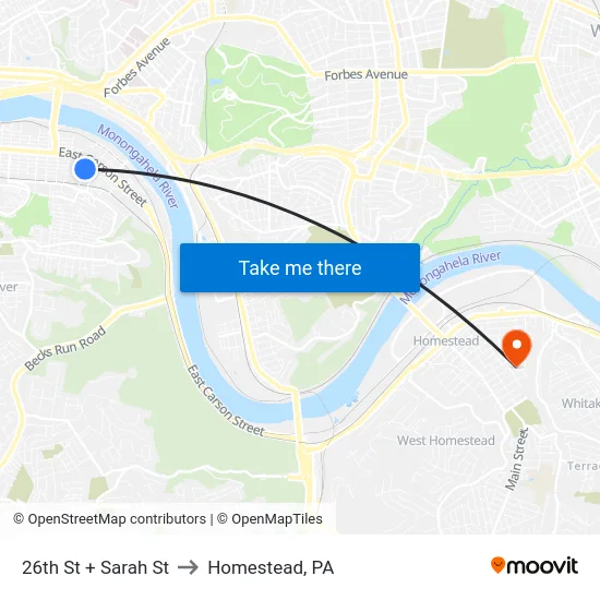 26th St + Sarah St to Homestead, PA map
