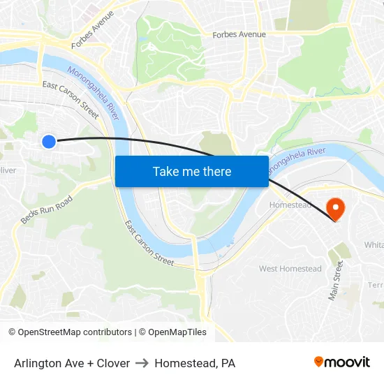 Arlington Ave + Clover to Homestead, PA map