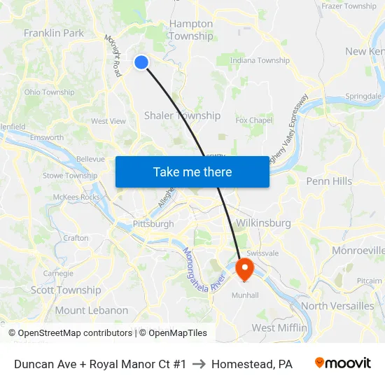 Duncan Ave + Royal Manor Ct #1 to Homestead, PA map