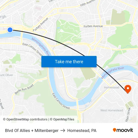Blvd Of Allies + Miltenberger to Homestead, PA map