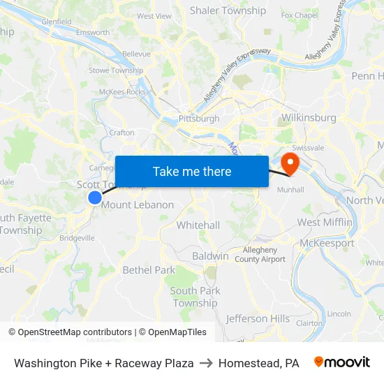 Washington Pike + Raceway Plaza to Homestead, PA map