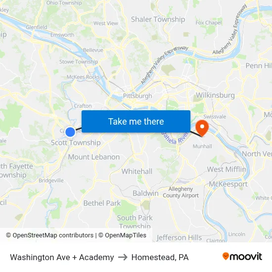 Washington Ave + Academy to Homestead, PA map