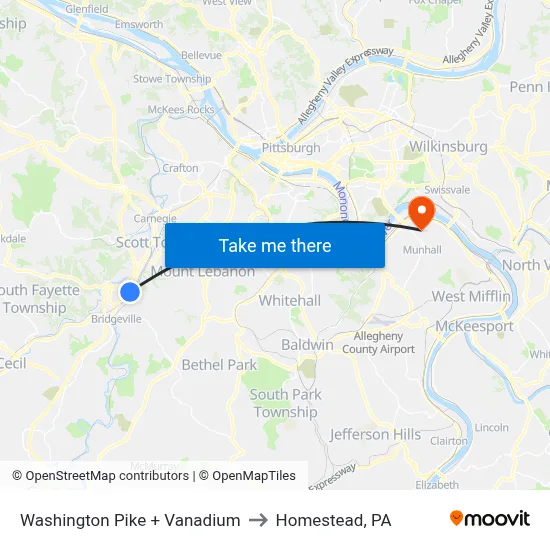Washington Pike + Vanadium to Homestead, PA map