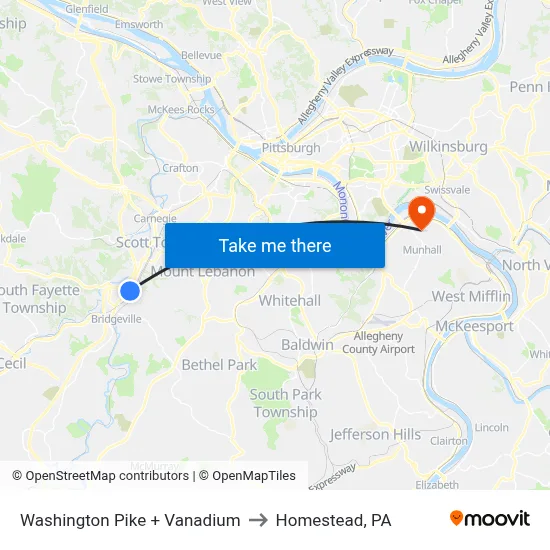 Washington Pike + Vanadium to Homestead, PA map