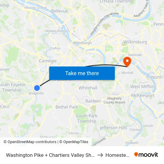 Washington Pike + Chartiers Valley Shopping Center to Homestead, PA map