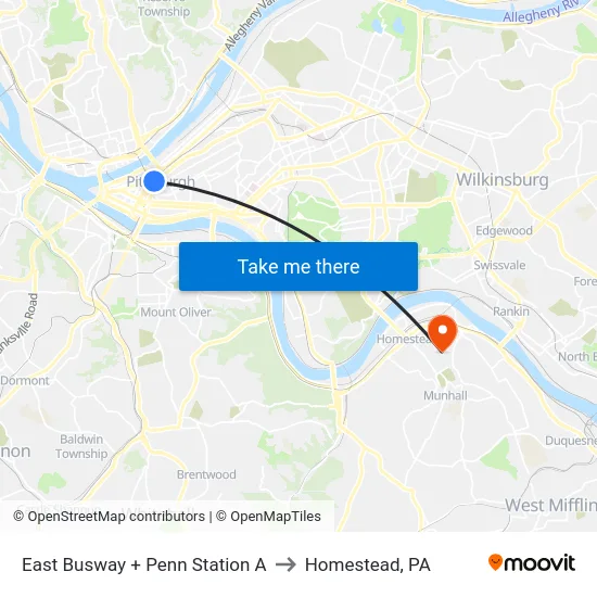 East Busway + Penn Station A to Homestead, PA map