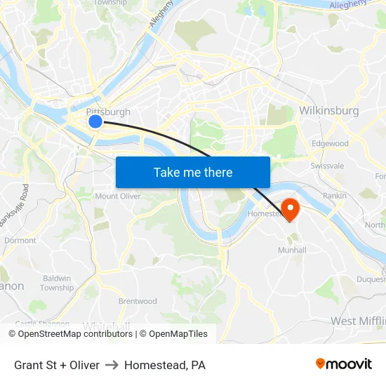 Grant St + Oliver to Homestead, PA map