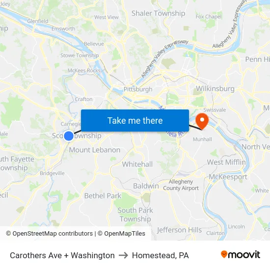 Carothers Ave + Washington to Homestead, PA map