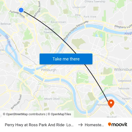 Perry Hwy at Ross Park And Ride- Lower Lot Shelter to Homestead, PA map