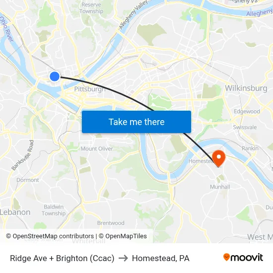 Ridge Ave + Brighton (Ccac) to Homestead, PA map