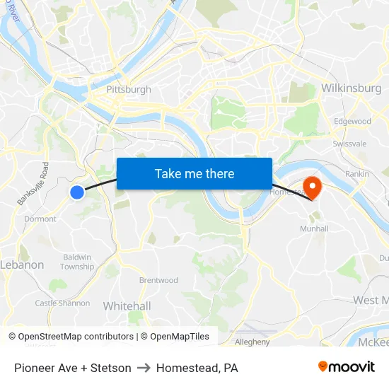 Pioneer Ave + Stetson to Homestead, PA map