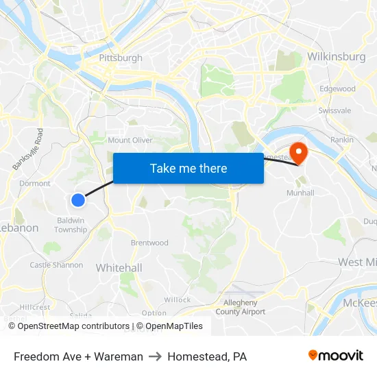 Freedom Ave + Wareman to Homestead, PA map