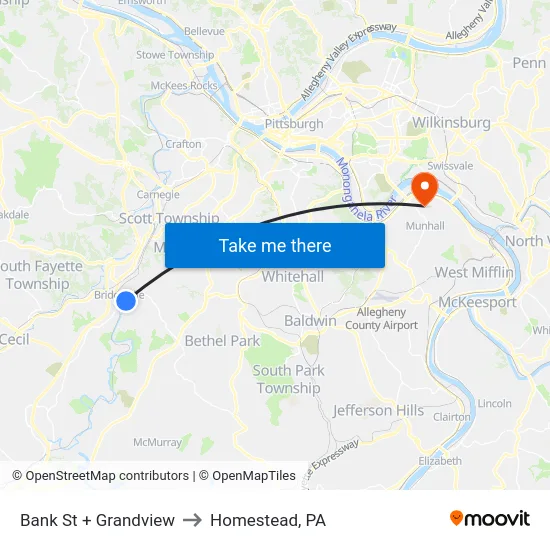 Bank St + Grandview to Homestead, PA map