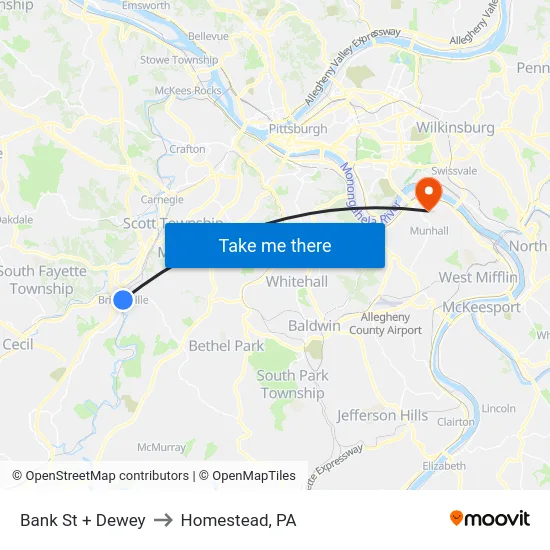 Bank St + Dewey to Homestead, PA map