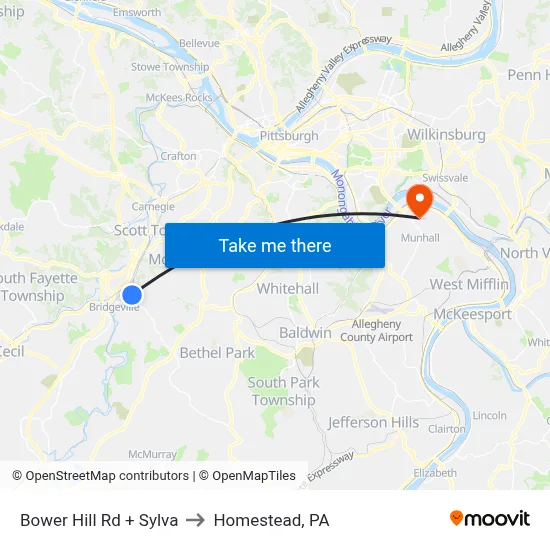 Bower Hill Rd + Sylva to Homestead, PA map