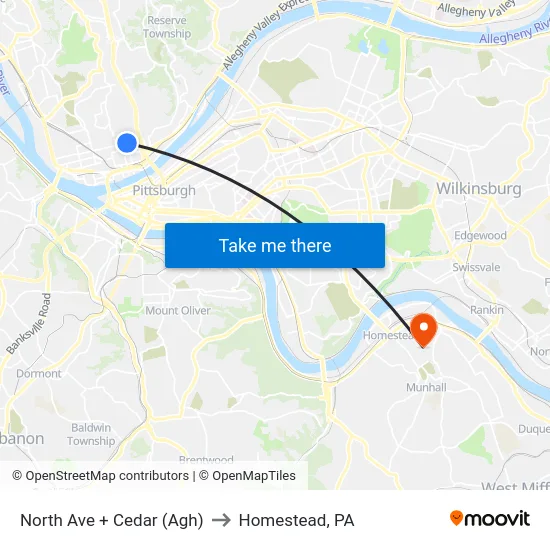 North Ave + Cedar (Agh) to Homestead, PA map