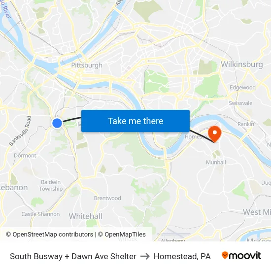 South Busway + Dawn Ave Shelter to Homestead, PA map