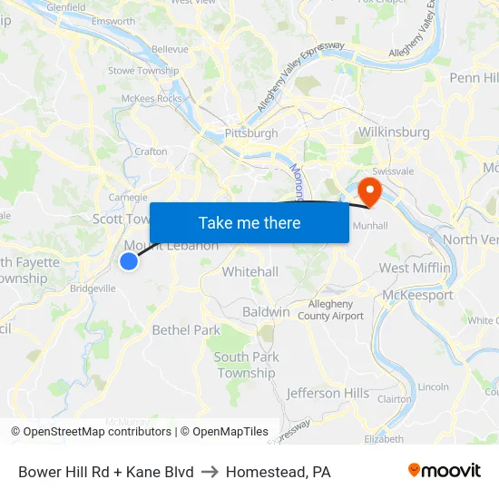 Bower Hill Rd + Kane Blvd to Homestead, PA map