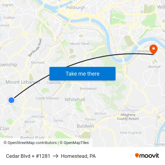Cedar Blvd + #1281 to Homestead, PA map